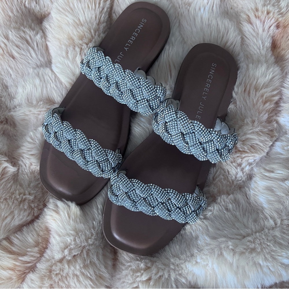 Sincerely Jules Braided Sandals - Sparkly silver rhinestone and Brown